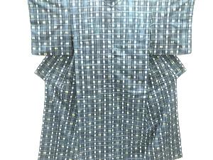 格子に縞模様織り出し手織り紬着物